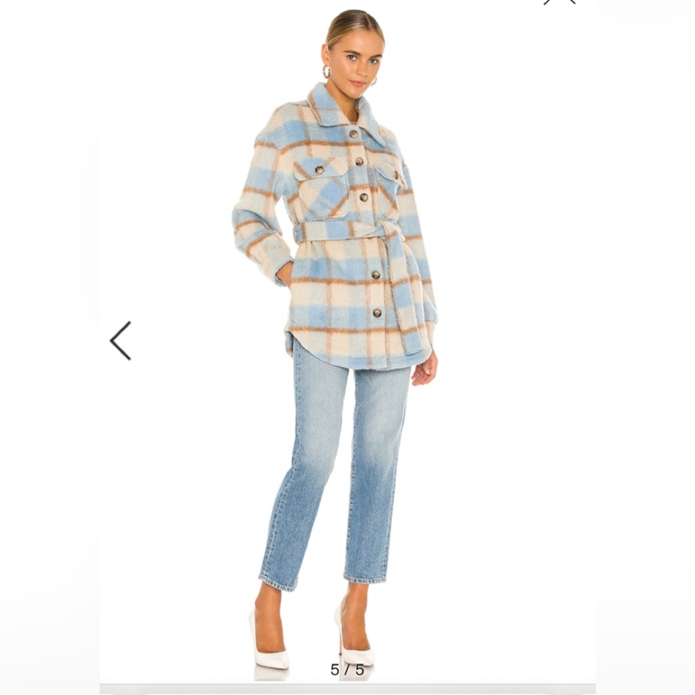 Line & Dot Blue and Beige Plaid Belted Shacket